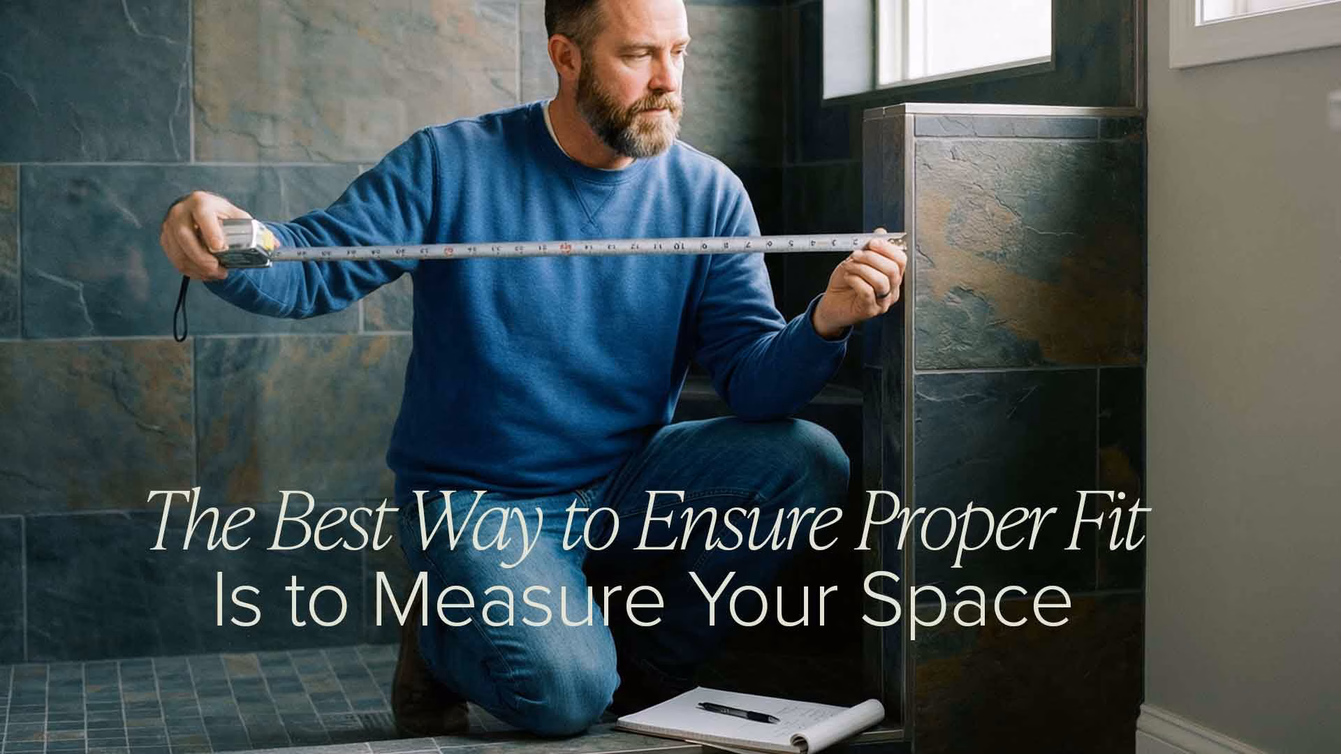 A man measuring his shower space to ensure his shower curtain will fit